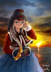  9a-91_(girls&#039;_frontline) artist_name ayam_(clothes) blue_eyes blurry blush bokeh braid breasts chima_(clothes) chinese_knot clip_studio_paint_(medium) cloud cloudy_sky commentary_request dated depth_of_field dusk female floral_print fur-trimmed_jacket fur_trim girls&#039;_frontline hair_between_eyes hair_ornament hair_over_shoulder hanbok hand_on_own_face hat hue301 jacket jeogori_(clothes) jokki_(clothes) korean_clothes korean_commentary light_particles long_hair long_sleeves looking_at_viewer medium_breasts ocean pentagram revision signature single_braid sky solo standing star_(symbol) star_hair_ornament sun sunlight sunset tareme traditional_clothes very_long_hair water white_hair 