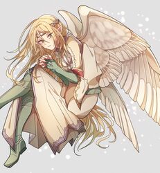  androgynous angel_wings blonde_hair boots circlet collar collared_dress commentary_request dress elf fire_emblem fire_emblem:_path_of_radiance fire_emblem:_radiant_dawn from_side full_body green_eyes green_footwear grey_background hair_between_eyes highres long_hair long_sleeves looking_at_viewer own_hands_together pikapika_hoppe pointy_ears reyson_(fire_emblem) simple_background solo thigh_boots thighhighs very_long_hair wings 