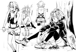  alternate_costume bullet commentary_request eyewear_on_head female girls&#039;_frontline glasses greyscale grizzly_mkv_(girls&#039;_frontline) jacket monochrome shoes shorts solo squirrel sunglasses suspenders tarutaru_gungun translated waking_up 