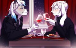  alcohol anthro beverage blue_hair blush canid canine canis clothed clothing container cup dante_kinkade date digital_media_(artwork) dinner dinner_table drinking_glass duo eye_contact fancy_clothing gekko-seishin glass glass_container glass_cup hair hi_res holidays inside lagomorph leporid looking_at_another male male/male mammal multicolored_hair rabbit restaurant romantic shaded suit_jacket two_tone_hair valentine&#039;s_day white_hair wine wine_glass wolf zack_(thezackrabbit) 