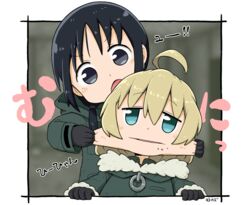  2girls ahoge angry aqua_eyes black_eyes black_hair blonde_hair cheek_pull chito_(shoujo_shuumatsu_ryokou) commentary crumbs food food_on_face gloves military military_uniform motokazu_(dontokodon) multiple_girls shoujo_shuumatsu_ryokou translated twintails uniform yuuri_(shoujo_shuumatsu_ryokou) 