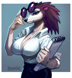  2020 ailaanne animal_crossing anthro big_breasts blue_background border breasts cleavage clothed clothing dress_shirt eulipotyphlan eyeshadow eyewear female hedgehog holding_object label_able long_neck looking_at_viewer makeup mammal nintendo notebook shirt simple_background smile solo sunglasses topwear upper_body white_border 