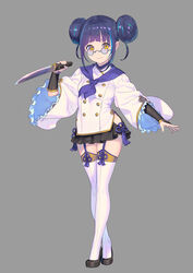  black_footwear blunt_bangs buttons closed_mouth contrapposto crossed_legs dagger double-breasted double_bun enkyo_yuuichirou female flower_knot full_body garter_straps glasses grey_background hair_bun high_heels highres holding holding_dagger holding_knife holding_weapon horinuki_masamune knife long_sleeves looking_at_viewer miniskirt multicolored_hair neckerchief official_art pleated_skirt purple_neckerchief reverse_grip round_eyewear shirt short_sword simple_background skirt smile solo standing streaked_hair sword tantou tassel tenka_hyakken thighhighs watson_cross weapon white_shirt white_thighhighs yellow_eyes 