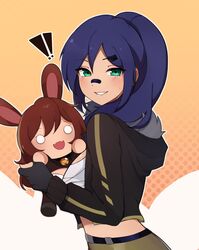  ! !! black_gloves black_hoodie blue_hair blush character_doll crop_top female gloves green_eyes grin highres holding holding_stuffed_toy hood hoodie lips long_hair long_sleeves looking_at_viewer original parted_lips ponytail rukiadaichi smile solo stuffed_toy teeth upper_body 