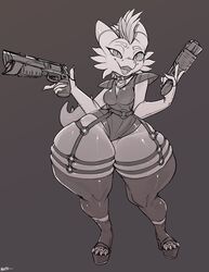  2023 absurd_res anthro big_breasts bottom_heavy breasts clothed clothing digital_media_(artwork) dual_wielding eyelashes female footwear hi_res high_heels holding_object holding_weapon horn huge_hips huge_thighs hyper hyper_hips hyper_thighs kobold legwear looking_at_viewer noctoc platform_footwear platform_heels pupils reptile scalie slit_pupils small_waist solo thick_thighs thigh_highs toe_cutout_heels weapon wide_hips 