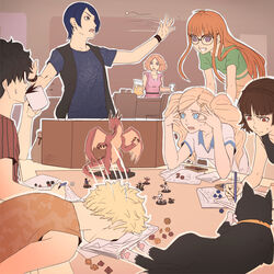  3boys 4girls amamiya_ren animal black_hair black_vest blonde_hair blue_eyes braid brown_hair closed_mouth coffee crown_braid cup d: dice disposable_coffee_cup disposable_cup dungeons_&amp;_dragons elbow_gloves faceplant feline figure friends furrowed_brow glasses gloves grin hair_ornament hairclip head_on_table highres holding holding_cup indoors kitagawa_yuusuke leaning_forward long_hair looking_at_another looking_at_object looking_up medium_hair morgana_(persona_5) motion_lines multiple_boys multiple_girls nervous niijima_makoto okumura_haru omniformblue open_mouth orange_hair paper persona persona_5 playing_games purple_eyes red_eyes sakamoto_ryuuji sakura_futaba shirt short_hair short_sleeves sleeveless sleeveless_shirt smile spit_take spitting star_(symbol) t-shirt table tabletop_rpg takamaki_anne twintails vest writing 