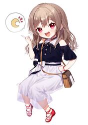  :d aged_down bag bare_shoulders black_shirt blush braid brown_hair clothing_cutout crescent crown_braid female full_body furen_e_lustario furen_e_lustario_(2nd_costume) hand_up head_tilt index_finger_raised long_hair looking_at_viewer nijisanji notice_lines open_mouth red_eyes red_footwear sandals see-through shirt short_sleeves shoulder_bag shoulder_cutout simple_background sitting skirt smile solo speech_bubble teeth upper_teeth_only virtual_youtuber white_background white_skirt wide_sleeves yamabukiiro 