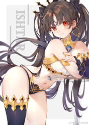  black_panties black_ribbon black_thighhighs blush bra breasts brown_hair character_name closed_mouth cowboy_shot crossed_arms detached_sleeves earrings fate/grand_order fate_(series) female from_side glass_table hair_ribbon highres hoop_earrings ishtar_(fate) jewelry leaning_forward long_hair long_sleeves looking_at_viewer looking_to_the_side medium_breasts moriyama_meiko navel neck_ring panties red_eyes ribbon simple_background single_thighhigh solo stomach table thighhighs two_side_up underwear very_long_hair white_bra 