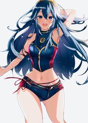  arm_behind_head armpits bare_shoulders blue_eyes blue_hair blue_shorts blush commentary_request crop_top female fire_emblem fire_emblem_awakening fire_emblem_heroes highres hip_focus long_hair looking_at_viewer lucina_(fire_emblem) navel nekolook official_alternate_costume open_mouth red_ribbon ribbon shirt short_shorts shorts sleeveless sleeveless_shirt solo thighs tiara wide_hips 