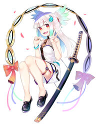  alternate_costume anarogumaaa aqua_hair bare_shoulders black_footwear bow bracelet falling_petals female hair_flaps highres holding holding_string jewelry katana long_hair looking_at_viewer magatama_hair_ornament midair multicolored_hair open_mouth orange_bow petals red_eyes sheath sheathed shirt shorts sidelocks simple_background sleeveless sleeveless_shirt solo string sword tassel tenka_hyakken thigh_strap tsuda_echizen-no-kami_sukehiro two-tone_hair v weapon white_hair white_shirt white_shorts 