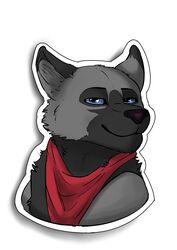  absurd_res ambiguous_form bandana blue_eyes canid canine canis clothing face_focus fur grey_body grey_fur hi_res kerchief male mammal shaded smile solo sticker thathornycat wolf 