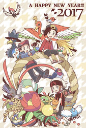  2017 3boys backwards_hat bad_id bad_pixiv_id baseball_cap beanie bird black_hair black_shirt blush brendan_(pokemon) bright_pupils brown_hair capri_pants chatot chinese_zodiac commentary_request ethan_(pokemon) fletchling flower hanging happy_new_year hat ho-oh hoothoot houndstooth houndstooth_background jacket long_sleeves lucas_(pokemon) male_focus multiple_boys murkrow natu new_year open_mouth pants pidove pikipek piplup pokemon pokemon_(creature) pokemon_dppt pokemon_hgss pokemon_oras pokemon_platinum red_jacket rope rowlet rufflet shirt shoes short_hair short_sleeves sitting smile swablu taillow teeth tongue torchic upper_teeth_only white_headwear xichii year_of_the_rooster zipper_pull_tab 