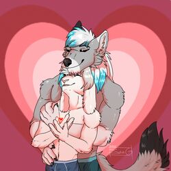  1:1 anthro canid canine canis dante_kinkade duo heart_symbol hi_res holidays hug hugging_another hugging_from_behind lagomorph leporid male male/male mammal rabbit smile sting_12 valentine&#039;s_day wolf zack_(thezackrabbit) 