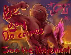  anthro arm_tattoo arson back_tattoo chupadore crossroadspony detailed_background dyed_fur fire flexing furgonomics furry-specific_piercing hi_res looking_at_viewer male muscular muscular_male piercing propaganda rvb_revolution samael_wurlitz solarrsilv solo tattoo text 