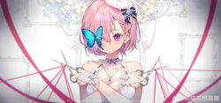  absurdres arms_up bare_shoulders blue_bow blue_butterfly blush bow breasts bridal_gauntlets bug butterfly character_name closed_mouth commentary_request dress ear_piercing earrings facial_mark fate/grand_order fate_(series) female flower hair_behind_ear hair_over_one_eye hat highres holding holding_scissors jewelry looking_at_viewer mash_kyrielight medium_breasts moriyama_meiko piercing pink_hair purple_eyes scissors short_hair sleeveless sleeveless_dress solo string upper_body weibo_logo weibo_watermark white_dress white_flower white_hat 