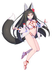  animal_ears barefoot barefoot_sandals_(jewelry) bikini black_hair blunt_bangs breasts brown_eyes closed_mouth enkyo_yuuichirou female flower fox_ears fox_tail full_body hair_between_eyes hair_flower hair_ornament highres jacket jacket_partially_removed kitsunegasaki_tametsugu_(tenka_hyakken) large_breasts long_hair long_sleeves looking_at_viewer multicolored_hair navel official_alternate_costume official_art open_clothes open_jacket red_flower simple_background smile solo streaked_hair swimsuit tail tenka_hyakken very_long_hair white_background white_bikini white_jacket 