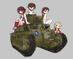  4girls bird blonde_hair brown_hair closed_mouth commentary duck elbow_pads emblem girls_und_panzer grey_background gym_shirt gym_uniform hair_pulled_back hairband headband highres isobe_noriko kawanishi_shinobu knee_pads kondou_taeko long_hair looking_at_viewer medium_hair military military_vehicle motor_vehicle multiple_girls on_vehicle ooarai_(emblem) ooarai_volleyball_uniform ponytail red_headband red_legwear red_shirt red_shorts ri_(qrcode) sasaki_akebi shirt shoes short_hair short_ponytail short_shorts short_sleeves shorts simple_background sitting sleeveless sleeveless_shirt smile sneakers socks sportswear standing swept_bangs t-shirt tank type_89_i-gou volleyball_uniform white_footwear white_hairband white_shirt 