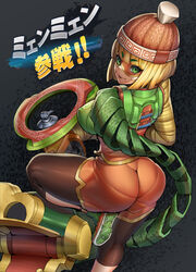  arms_(game) ass beanie blonde_hair breasts covered_nipples dragon_(arms) female green_eyes hat leg_up meandros min_min_(arms) niur pantyhose pantyhose_under_shorts pantylines ramram_(arms) shoes short_hair shorts smile sneakers solo super_smash_bros. translation_request 