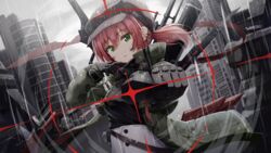  aiming aiming_at_viewer aogiri_koukou bad_id bad_pixiv_id black_shirt blurry blurry_background breasts brown_hat building cabbie_hat cloud cloudy_sky commentary depth_of_field female goggles goggles_on_headwear green_eyes green_jacket gun hair_between_eyes handgun hat head_tilt high-waist_skirt highres holding holding_gun holding_weapon ishikari_akari jacket kuria_(clear_trip_second) looking_at_viewer low_twintails open_clothes open_jacket outdoors parted_lips rain red_hair shirt skirt sky small_breasts solo twintails virtual_youtuber weapon white_skirt 