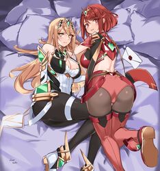  2girls ass back-seamed_legwear bare_shoulders bed black_gloves black_pantyhose blonde_hair blush breasts chest_jewel cleavage_cutout clothing_cutout dress earrings elbow_gloves fingerless_gloves gem gloves headpiece highres jewelry large_breasts long_hair looking_at_viewer microdress miniskirt multiple_girls mythra_(massive_melee)_(xenoblade) mythra_(xenoblade) oliver_koito pantyhose pyra_(xenoblade) red_eyes red_hair red_legwear red_shorts seamed_legwear short_hair short_shorts short_sleeves shorts skirt sleeveless sleeveless_dress smash_invitation smile super_smash_bros. swept_bangs thigh_strap thighhighs tiara very_long_hair white_gloves white_skirt xenoblade_chronicles_(series) xenoblade_chronicles_2 yellow_eyes 