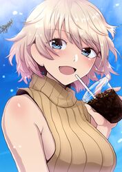  alternate_costume bare_shoulders blonde_hair blue_eyes blurry blush bokeh breasts cup depth_of_field disposable_cup drinking_straw female highres liar_lawyer looking_at_viewer medium_breasts raisa_pottgen ribbed_sweater short_hair smile solo sweater turtleneck upper_body witches_of_africa world_witches_series 