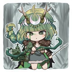  antler_ornament arrow_(projectile) artemis_(hades) bird bow_(weapon) braid cape chibi dress female fur_trim green_eyes green_hair hades_(series) hades_1 highres kneeling quail quiver single_braid tree uratamameron weapon 