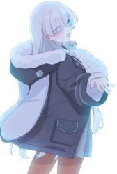  akitokage anastasia_(fate) anastasia_(under_the_same_sky)_(fate) blue_eyes blush breasts commentary_request fate/grand_order fate_(series) female hair_over_one_eye highres huge_breasts jacket long_hair looking_at_viewer looking_back open_mouth smile solo very_long_hair white_hair 