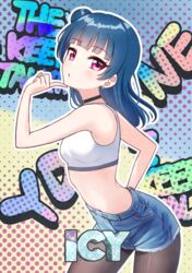  bare_arms bare_shoulders black_choker black_pantyhose blue_hair blue_shorts blush breasts choker commentary crop_top deadnooodles earrings female hair_bun hand_up highres icy_(itzy) index_finger_raised itzy jewelry jyp_entertainment k-pop leaning_forward long_hair love_live! love_live!_sunshine!! midriff navel outline pantyhose pantyhose_under_shorts parted_lips red_eyes short_shorts shorts single_hair_bun small_breasts solo symbol-only_commentary tsushima_yoshiko white_outline 