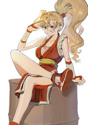  absurdres arm_support bandaid bandaid_on_cheek bandaid_on_face bare_shoulders blonde_hair breasts brown_eyes capcom_vs_snk_2 collarbone crossed_legs female final_fight fingerless_gloves fishnet_top fishnets genryuusai_maki gloves highres japanese_clothes kimono long_hair medium_breasts nike_(company) pelvic_curtain reclining red_kimono sash shoes simple_background sitting sleeveless sleeveless_kimono sneakers solo tanakalma thighs very_long_hair wavy_hair 