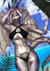  anthro bikini breasts canid canine clothed clothing dragon female hi_res horn hybrid looking_at_viewer mammal mythological_creature mythological_scalie mythology navel outside renee_kathrin_furwing scalie seaside solo swimwear tail thigh_gap water whiskers wide_hips wings winterblack 