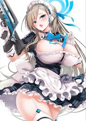  absurdres apron assault_rifle asuna_(blue_archive) black_dress blonde_hair blue_archive blue_bow blue_bowtie blue_eyes blue_ribbon blush bow bowtie breasts bullpup choker cleavage commentary dress famas female garter_straps gloves gun hair_ribbon halo headgear headphones highres large_breasts long_hair maid maid_apron maid_headdress mole mole_on_breast nylon_(nylon_100) open_mouth panties ribbon ribbon_between_breasts rifle solo sweat swept_bangs thighhighs thighs trigger_discipline underwear weapon white_background white_gloves white_panties white_thighhighs 