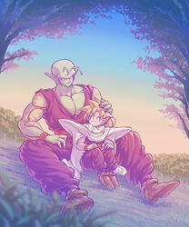  2boys age_difference bald blonde_hair blue_sky brown_footwear bush closed_eyes colored_skin commentary_request dragon_ball dragon_ball_z evening gradient_sky grass green_skin hand_in_another&#039;s_hair highres horizon koukyouji lolicon looking_at_another male_focus multiple_boys muscular muscular_child muscular_male on_floor orange_sky outdoors piccolo sky son_gohan super_saiyan super_saiyan_1 twilight 