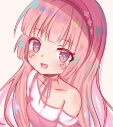  :d bare_shoulders blunt_bangs blush brown_background collarbone commentary dress facial_mark female hairband long_hair looking_at_viewer lowres open_mouth original pink_dress pink_hair pink_hairband purple_eyes satori_(ymoy) shirt simple_background smile solo strap_slip symbol-shaped_pupils upper_body very_long_hair white_shirt 