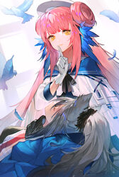  2girls absurdres animal animal_ears arknights bird blue_feathers cat_ears ceylon_(arknights) double_bun feather_hair feathers gloves grey_hair hair_bun hat highres jacket long_hair looking_at_viewer multiple_girls nahonanaho pink_hair ponytail schwarz_(arknights) sleeping white_gloves yellow_eyes yuri 