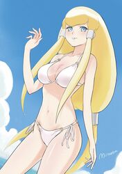  aqua_eyes big_hair bikini blonde_hair blue_eyes blue_lips blue_sky blush breasts cleavage cloud dianna_soreil female gundam hair_ornament lipstick looking_at_viewer makeup mitsutsu322 navel side-tie_bikini_bottom sky smile solo swimsuit turn_a_gundam water_drop white_bikini 