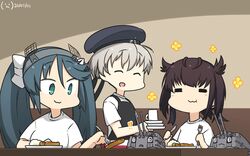  3girls alternate_costume apron black_apron black_hair blue_eyes blue_hair blush breasts chou-10cm-hou-chan_(hatsuzuki&#039;s) closed_eyes commentary_request cup eating food grey_hair hair_flaps hair_ornament hair_ribbon hairband hamu_koutarou hat hatsuzuki_(kancolle) highres holding isuzu_(kancolle) kantai_collection knife large_breasts long_hair multiple_girls one-hour_drawing_challenge open_mouth plate ribbon sailor_hat sausage shirt short_hair short_sleeves sitting smile spoon twintails white_shirt z1_leberecht_maass_(kancolle) 