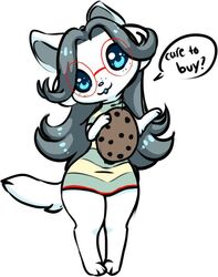  2017 3_toes anthro black_hair blue_eyes clothed clothing cookie dialogue dress english_text eyewear feet female food freckles fully_clothed fur glasses hair long_hair looking_at_viewer mammal open_mouth open_smile red_eyewear red_glasses simple_background smile snout solo standing tem temmie_(undertale) text toes tomocreations undertale undertale_(series) white_background white_body white_fur 