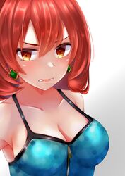  absurdres bare_shoulders biting_own_lip black_survival blush breasts cleavage collarbone crop_top earrings eternal_return:_black_survival female highres i_seno jewelry large_breasts looking_at_viewer orange_eyes red_hair short_hair solo tran_quynh_mai upper_body zipper 