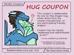  4:3 ambiguous_gender blue_body blue_skin canid canine closed_eyes coupon cuddling derek_(tackykat) dragon duo english_text feral fur green_body green_fur hand_on_back heart_symbol horn hug looking_at_another looking_down male mammal membrane_(anatomy) membranous_wings meme mythological_creature mythological_scalie mythology scalie tackykat text wings ych_(character) 