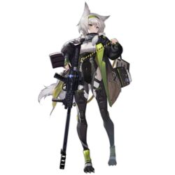  alternate_costume animal_ears armor bangs blush breasts closed_mouth coat covered_navel dp-12_(girls_frontline) eyebrows_visible_through_hair female full_body fur_collar girls_frontline gloves green_eyes green_hairband gun hair_between_eyes hairband holding holding_gun holding_weapon jacket ksvk_(girls_frontline) ksvk_12.7 long_sleeves looking_at_viewer mod3_(girls_frontline) official_art pandea_work paw_shoes pocket shoes short_hair silver_hair smile solo standing tail transparent_background weapon 