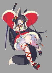  animal_ears bell black_hair black_sash boots breasts christmas closed_mouth dress enkyo_yuuichirou female fox_ears fox_tail full_body fur-trimmed_sleeves fur_trim grey_background hair_between_eyes hands_up high_heel_boots high_heels highres holding holding_sword holding_weapon katana kitsunegasaki_tametsugu_(tenka_hyakken) long_hair long_sleeves looking_at_viewer medium_breasts multicolored_hair neck_bell official_alternate_costume official_art one_eye_covered open_mouth platform_footwear platform_heels red_ribbon ribbon santa_dress sash simple_background smile solo streaked_hair sword tail tenka_hyakken toeless_footwear torn_belt torn_clothes torn_ribbon very_long_hair weapon wide_sleeves yellow_eyes 