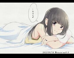  black_hair blanket dated female hair_down jewelry kantai_collection kitakami_(kancolle) letterboxed long_hair lying mochisaka_mitsuki musical_note on_stomach purple_eyes ring smile solo speech_bubble spoken_musical_note tank_top translated under_covers wedding_ring yellow_tank_top 