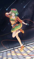  absurdres belt cable cityscape cloud collar commentary covered_navel dutch_angle eyewear_on_head female frilled_skirt frills glowing glowing_floor green_eyes green_hair green_skirt green_tube_top gumi gumi_(ai_megpoid) hand_up headphones high_heels highres holding holding_microphone iluka_(ffv7) jacket layered_skirt leg_up looking_at_viewer microphone miniskirt night night_sky orange_footwear orange_jacket outdoors outstretched_arm pleated_skirt red_goggles shirt shooting_star skirt sky smile solo standing standing_on_one_leg star_(sky) strapless tube_top vocaloid w w_over_eye white_collar yellow_shirt 