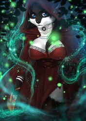  2022 absurd_res anthro basket black_hair black_nose blue_eyes breasts choker cleavage clothed clothing container dress female hair hi_res hybrid jewelry legwear looking_at_viewer magic mammal necklace night outside procyonid sila_dione solo stockings yuichi-tyan 