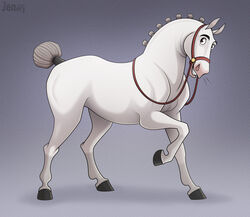  altivo black_eyes black_hooves braided_mane braided_tail bridle dreamworks equid equine feral grey_background grey_tail harness hooves horse jenery looking_at_viewer male mammal raised_hoof raised_leg reins signature simple_background solo tail the_road_to_el_dorado white_body 