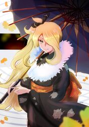  alternate_costume black_kimono blonde_hair blurry closed_mouth commentary_request cynthia_(pokemon) eyelashes falling_leaves female hair_ornament hair_over_one_eye highres holding holding_umbrella japanese_clothes kimono leaf long_hair long_sleeves looking_at_viewer noppe pokemon pokemon_dppt sash smile solo umbrella wide_sleeves yellow_eyes 