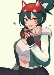  absurdres black_gloves black_pants blush breasts brown_eyes cleavage commentary crop_top doughnut english_commentary facial_mark female fingerless_gloves food gloves green_hair green_jacket headphones headphones_around_neck heart highres holding holding_food jacket kiriko_(overwatch) large_breasts lips long_sleeves navel open_mouth overwatch overwatch_2 pants rukiadaichi short_hair smile solo teeth tongue upper_teeth_only 