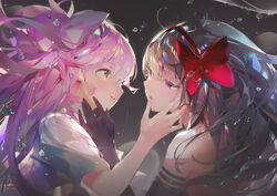  2girls akemi_homura akuma_homura artist_logo artist_name black_background black_dress black_hair bow choker crab_d dress elbow_gloves eye_contact finger_to_mouth gloves gradient_background hair_ribbon hairbow hand_on_another&#039;s_face kaname_madoka long_hair looking_at_another mahou_shoujo_madoka_magica mahou_shoujo_madoka_magica:_hangyaku_no_monogatari multiple_girls pink_bow pink_hair purple_eyes red_bow red_ribbon ribbon short_sleeves sleeveless sleeveless_dress strapless strapless_dress teardrop tears ultimate_madoka white_choker white_dress yellow_eyes 