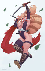  animal_ears armpits arms_up artist_name asymmetrical_legwear black_leotard blonde_hair boots braces breasts bright_pupils cleavage commission female full_body highres holding holding_knife knife large_breasts leaf leotard long_hair nonneim original paris_(lionheartreaver) parted_lips red_eyes scarf sideboob simple_background skindentation smile solo tail white_background white_pupils 