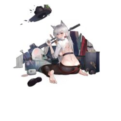  alternate_costume animal_ears back bangs barefoot belt black_footwear black_headwear black_pants blue_eyes blush braid breasts closed_mouth damaged decorations eyebrows_visible_through_hair feet female footwear_removed from_behind full_body girls_frontline grey_hair gun hair_between_eyes hair_ornament hat holding ksvk_(girls_frontline) ksvk_12.7 lips logo long_hair looking_at_viewer looking_back official_art pandea_work pants rifle scope shirt shoes shoes_removed silver_hair sitting sleeves_rolled_up sniper_rifle solo torn_clothes torn_hat torn_shirt transparent_background weapon white_shirt 